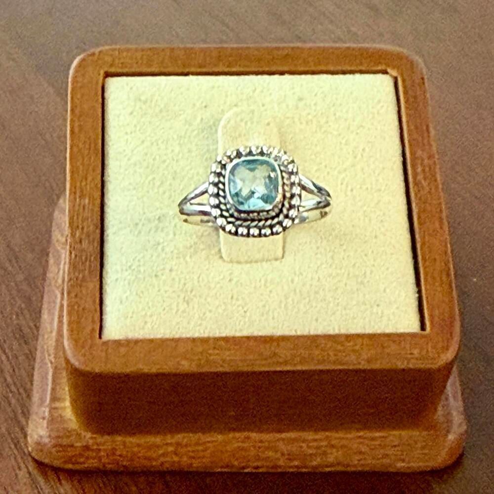 Natural Blue Topaz Sterling Silver Ring Dainty Rounded Square Framed Sz 7